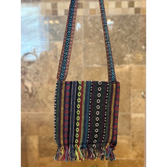Handwoven Boho Crossbody Bag With Vibrant Geometric Embroidery & Fringed Bottom - Picture 3 of 5